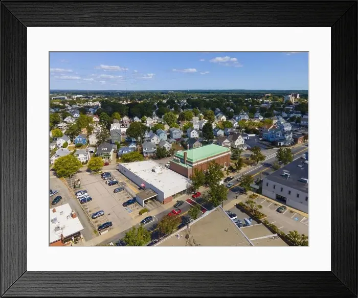 Framed Print : Historic Residence buildings and commercial buildings on Taunton Avenue at city center aerial view in East Providence