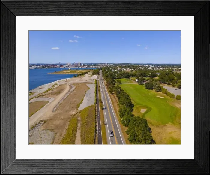 Framed Print : Aerial view of Veterans Memorial Pkwy with Providence River Framed Print : Aerial view of Veterans Memorial Pkwy with Providence River