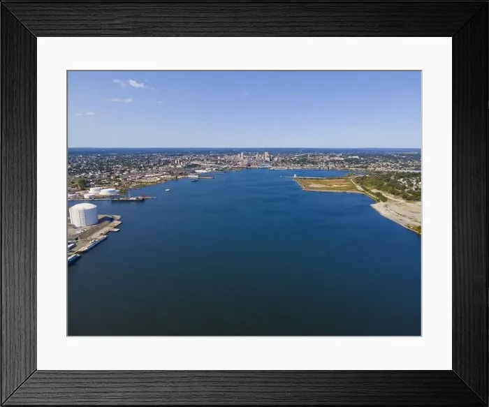 Framed Print : Aerial view of Providence River near Narragansett Bay with Providence city at the background Framed Print : Aerial view of Providence River near Narragansett Bay with Providence city at the background