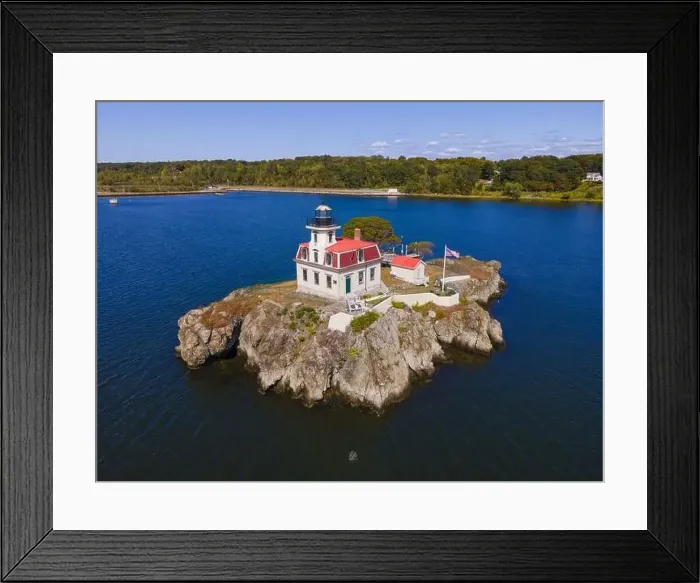 Framed Print : Aerial view of Pomham Rocks Lighthouse on Providence River near Narragansett Bay in East Providence
