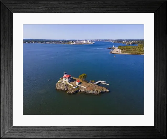 Framed Print : Aerial view of Pomham Rocks Lighthouse on Providence River near Narragansett Bay in East Providence Framed Print : Aerial view of Pomham Rocks Lighthouse on Providence River near Narragansett Bay in East Providence