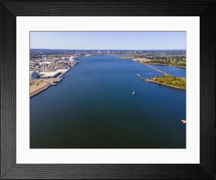 Framed Print : Aerial view of Providence River near Narragansett Bay with Providence city at the background Framed Print : Aerial view of Providence River near Narragansett Bay with Providence city at the background
