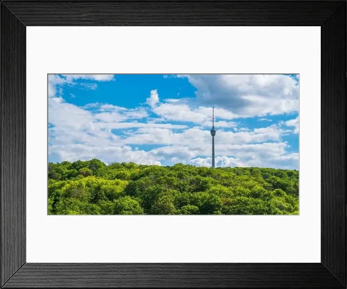 Framed Print : Germany, Stuttgart television tower building surrounded by endless green trees of forest on sunny day Framed Print : Germany, Stuttgart television tower building surrounded by endless green trees of forest on sunny day