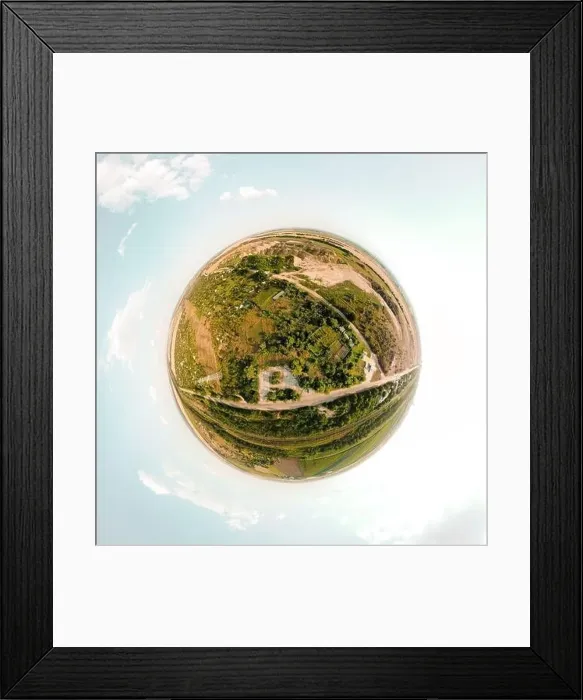 Framed Print : Small planet with a view of a sand quarry and a city under the blue sky in Moldova Framed Print : Small planet with a view of a sand quarry and a city under the blue sky in Moldova