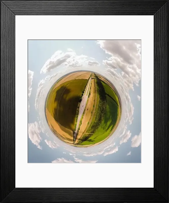 Framed Print : Small planet with a view of a bridge and wheatfields under the blue sky in Moldova Framed Print : Small planet with a view of a bridge and wheatfields under the blue sky in Moldova
