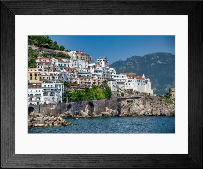 Framed Print : Amazing view of Amalfi Town from the sea in summer season, Italy Framed Print : Amazing view of Amalfi Town from the sea in summer season, Italy