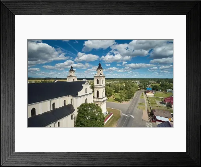 Framed Print : Cathedral church on blue sky background aerial drone view Framed Print : Cathedral church on blue sky background aerial drone view