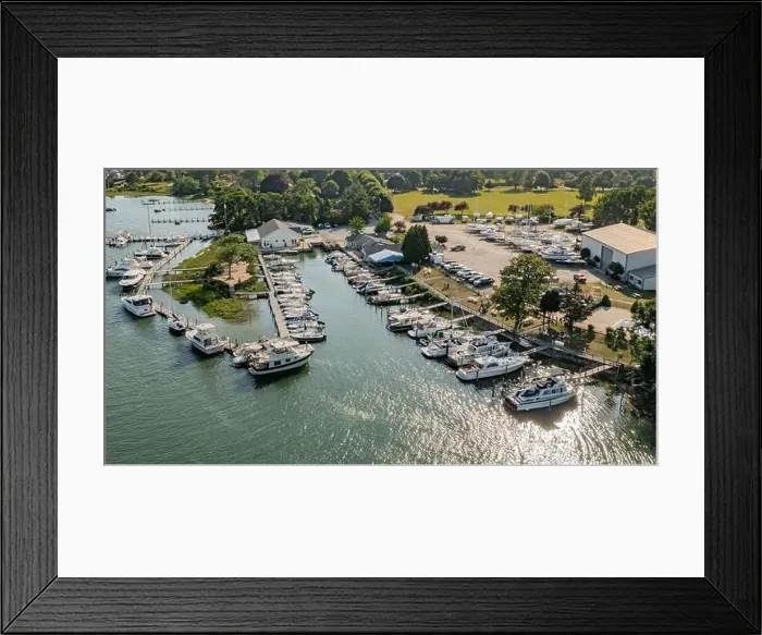 Framed Print : Aerial view of the island boat yard, shelter island, NY