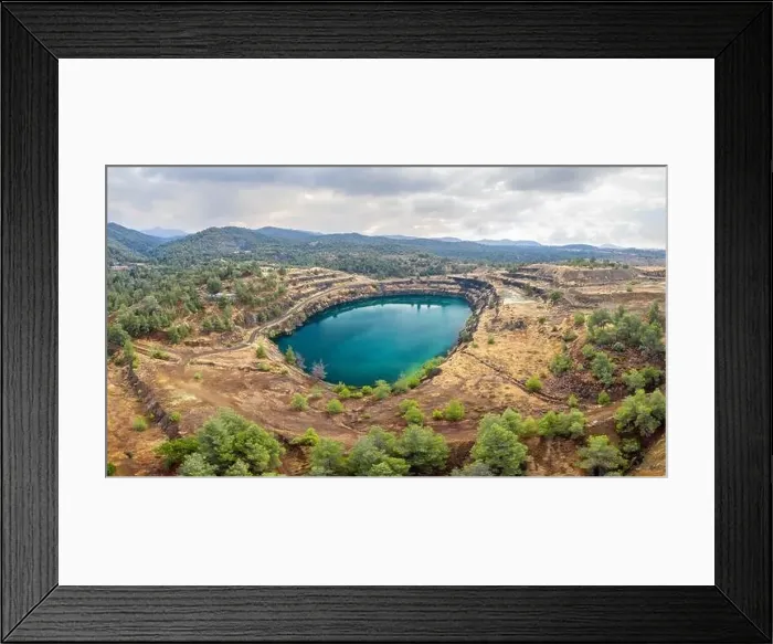 Framed Print : Panorama of old copper mining area with lake and mine tailings near Kapedes, Cyprus Framed Print : Panorama of old copper mining area with lake and mine tailings near Kapedes, Cyprus