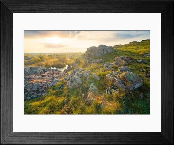 Framed Print : Aktovsky Canyon, Ukraine. Autumn trees and large stone boulders around Framed Print : Aktovsky Canyon, Ukraine. Autumn trees and large stone boulders around