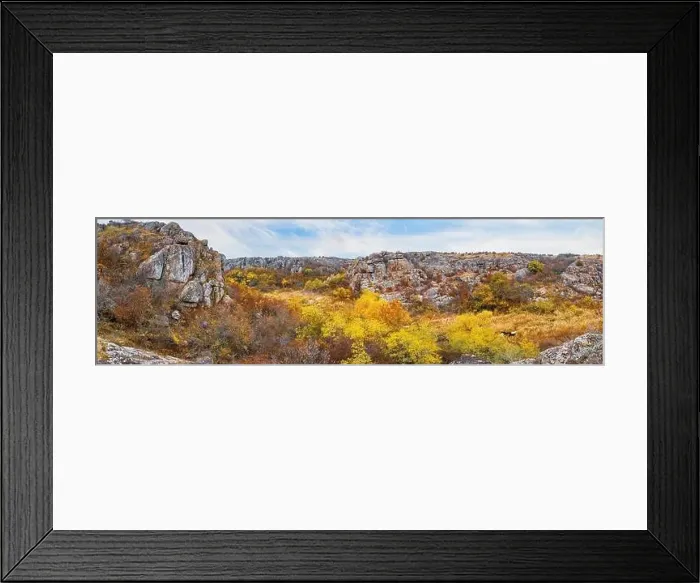 Framed Print : Aktovsky Canyon, Ukraine. Autumn trees and large stone boulders around Framed Print : Aktovsky Canyon, Ukraine. Autumn trees and large stone boulders around