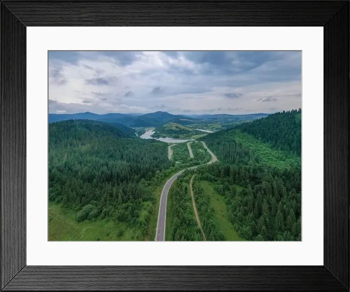Framed Print : Aerial view on mountain road from drone Framed Print : Aerial view on mountain road from drone