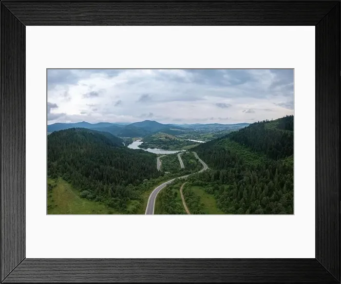 Framed Print : Aerial view on mountain road from drone Framed Print : Aerial view on mountain road from drone