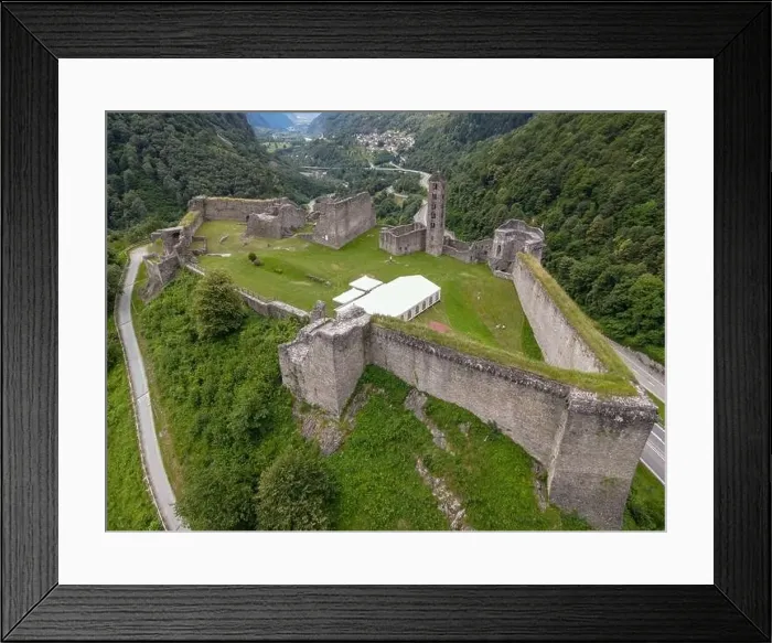 Framed Print : Drone view at the castle of Mesocco on the Swiss alps Framed Print : Drone view at the castle of Mesocco on the Swiss alps