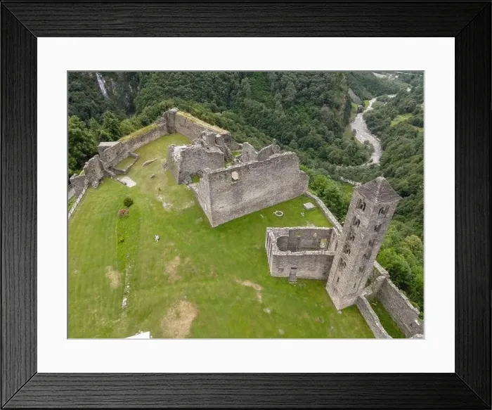 Framed Print : Drone view at the castle of Mesocco on the Swiss alps Framed Print : Drone view at the castle of Mesocco on the Swiss alps