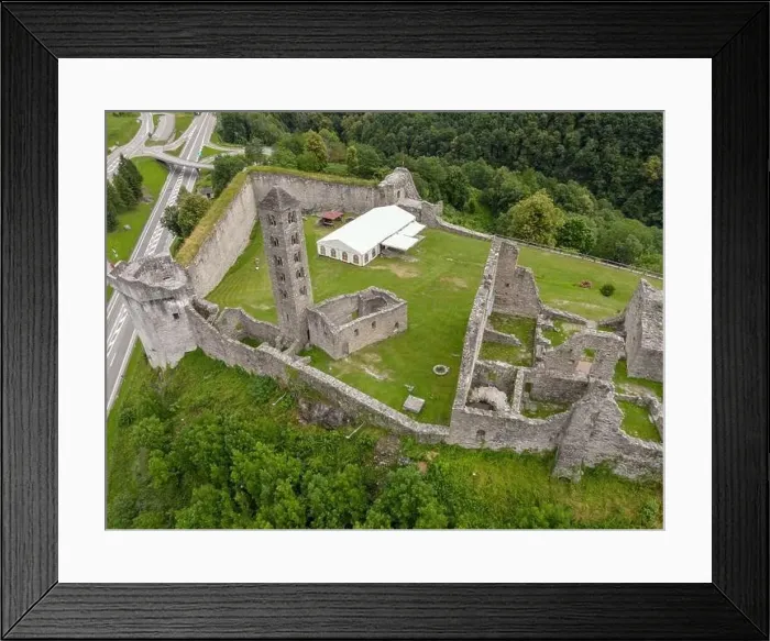 Framed Print : Drone view at the castle of Mesocco on the Swiss alps Framed Print : Drone view at the castle of Mesocco on the Swiss alps