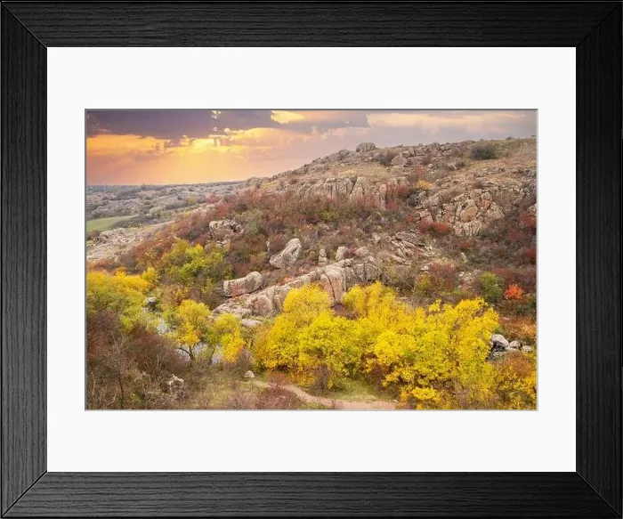 Framed Print : Aktovsky Canyon, Ukraine. Autumn trees and large stone boulders around Framed Print : Aktovsky Canyon, Ukraine. Autumn trees and large stone boulders around