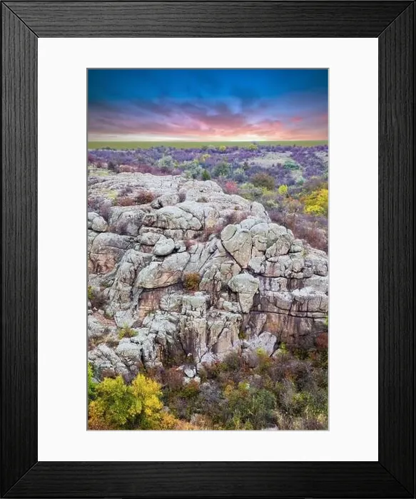 Framed Print : Aktovsky Canyon, Ukraine. Autumn trees and large stone boulders around Framed Print : Aktovsky Canyon, Ukraine. Autumn trees and large stone boulders around