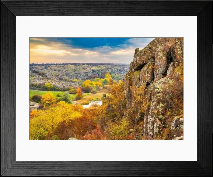 Framed Print : Aktovsky Canyon, Ukraine. Autumn trees and large stone boulders around Framed Print : Aktovsky Canyon, Ukraine. Autumn trees and large stone boulders around