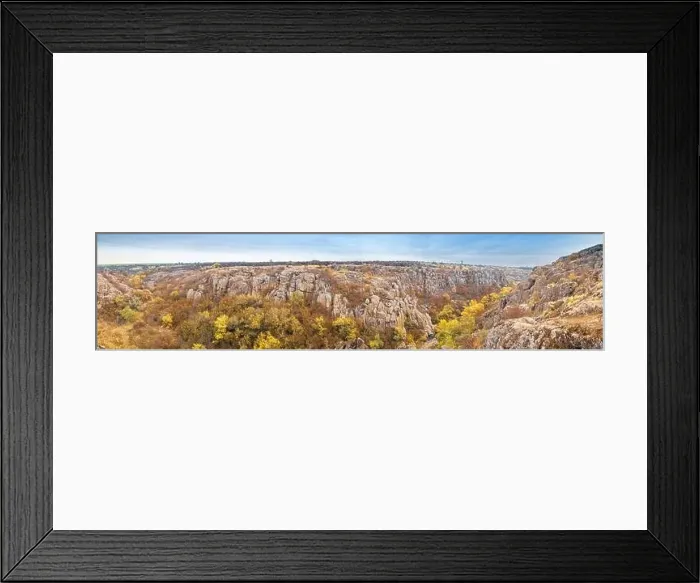 Framed Print : Aktovsky Canyon, Ukraine. Autumn trees and large stone boulders around Framed Print : Aktovsky Canyon, Ukraine. Autumn trees and large stone boulders around