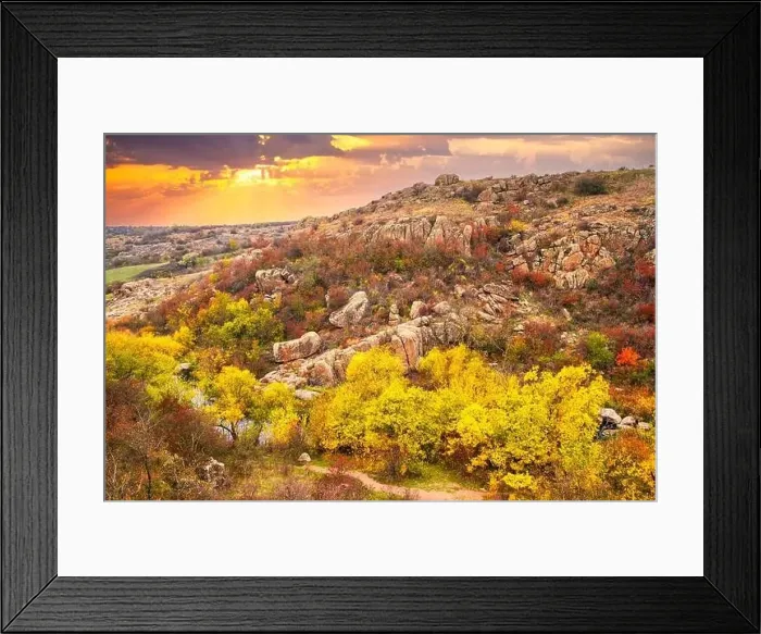 Framed Print : Aktovsky Canyon, Ukraine. Autumn trees and large stone boulders around Framed Print : Aktovsky Canyon, Ukraine. Autumn trees and large stone boulders around