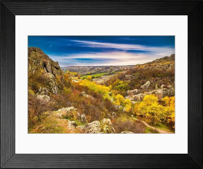 Framed Print : Aktovsky Canyon in Ukraine surrounded large stone boulders Framed Print : Aktovsky Canyon in Ukraine surrounded large stone boulders