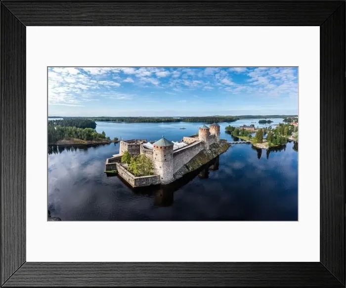 Framed Print : Aerial panorama of Olavinlinna castle and the surrounding lakes in Savonlinna, Finland Framed Print : Aerial panorama of Olavinlinna castle and the surrounding lakes in Savonlinna, Finland