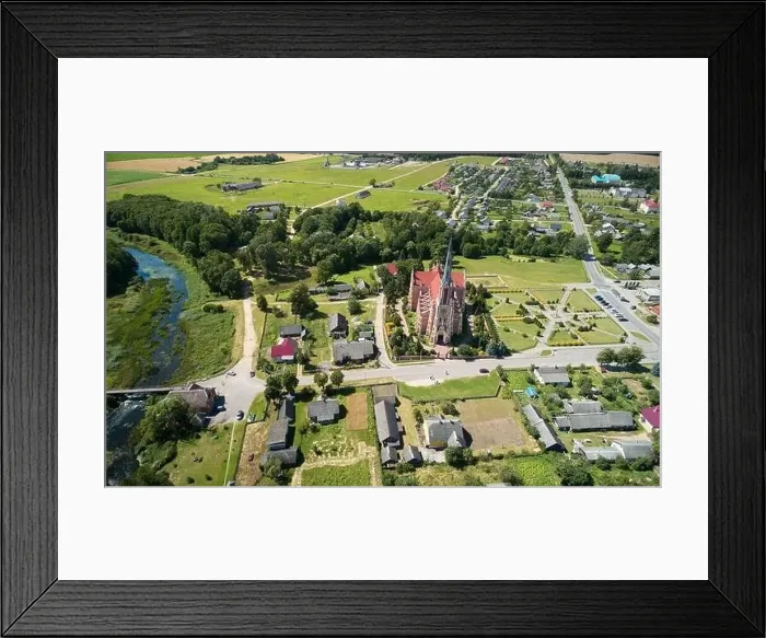 Framed Print : Catholic cathedral in small town aerial drone view Framed Print : Catholic cathedral in small town aerial drone view
