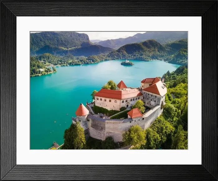 Framed Print : Medieval Bled Caslt on Lake Bled and Bled Church on Island in Slovenia Framed Print : Medieval Bled Caslt on Lake Bled and Bled Church on Island in Slovenia
