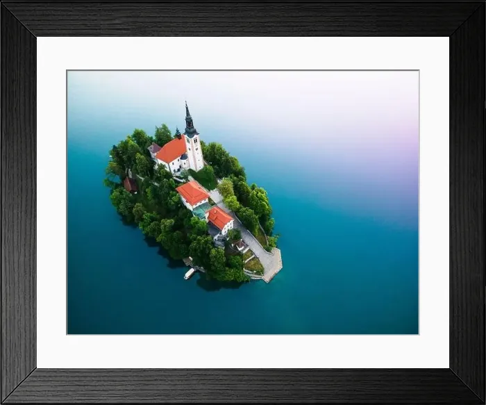 Framed Print : Assumption Church on Island on Lake Bled in Slovenia Aerial Drone View Framed Print : Assumption Church on Island on Lake Bled in Slovenia Aerial Drone View