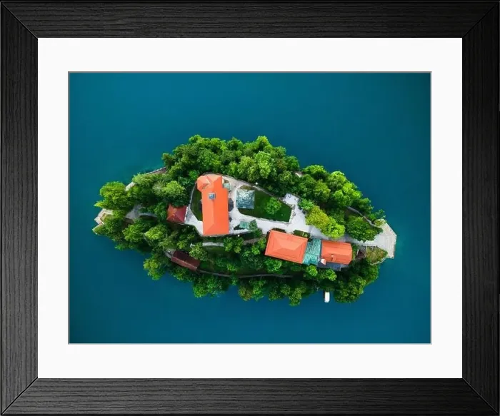 Framed Print : Bled Lake with Church on Island Top Down Drone View Framed Print : Bled Lake with Church on Island Top Down Drone View