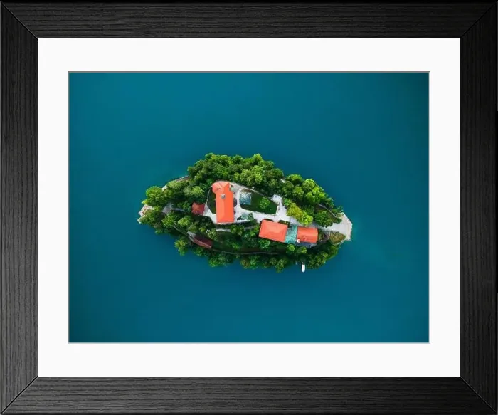 Framed Print : Bled Lake with Church on Island Top Down Drone View Framed Print : Bled Lake with Church on Island Top Down Drone View