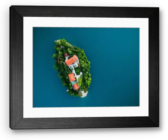 Framed Print : Drone View on Church on Island on Lake Bled in Slovenia at Summer Framed Print : Drone View on Church on Island on Lake Bled in Slovenia at Summer