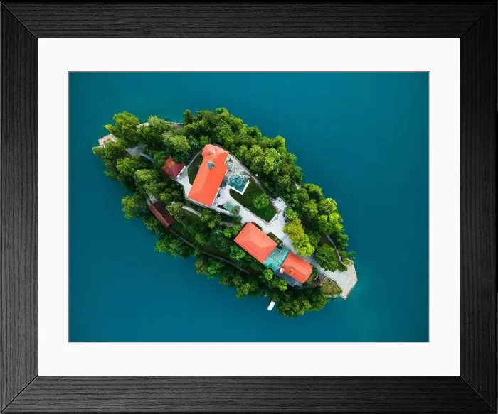 Framed Print : Assumption Church on Island on Lake Bled in Slovenia Aerial Drone View Framed Print : Assumption Church on Island on Lake Bled in Slovenia Aerial Drone View