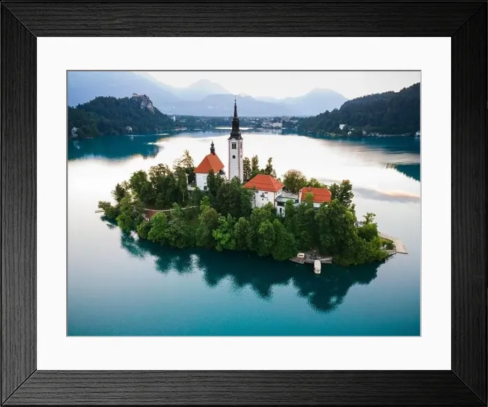 Framed Print : Lake Bled in Slovenia with Church on Island and Bled Castle Drone View Framed Print : Lake Bled in Slovenia with Church on Island and Bled Castle Drone View