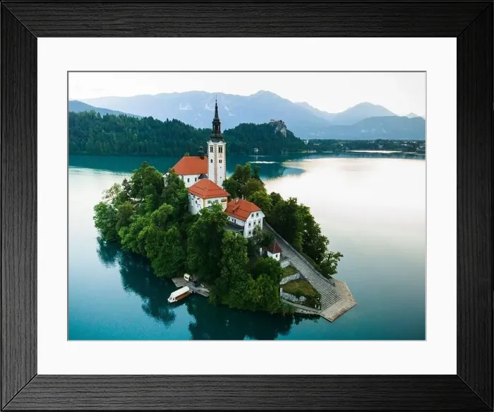 Framed Print : Aerial Photo of Church on Bled Lake Island in Slovenia Framed Print : Aerial Photo of Church on Bled Lake Island in Slovenia