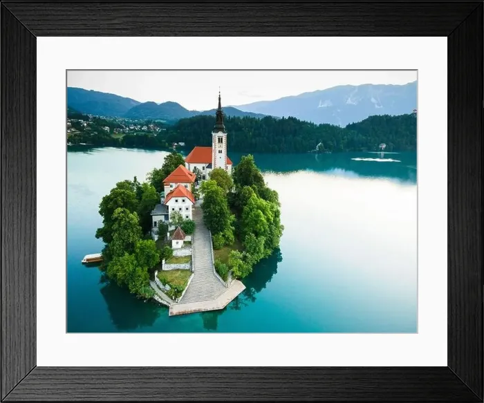 Framed Print : Lake Bled in Slovenia with Church on Island and Bled Castle Drone View Framed Print : Lake Bled in Slovenia with Church on Island and Bled Castle Drone View