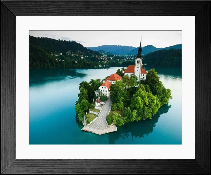 Framed Print : Aerial Photo of Church on Bled Lake Island in Slovenia Framed Print : Aerial Photo of Church on Bled Lake Island in Slovenia