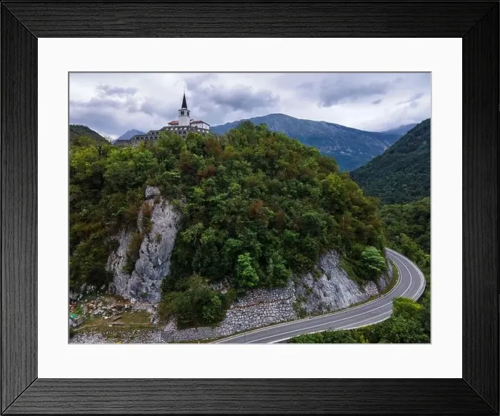Framed Print : St Anton Church and Kobarid Ossuary, Caporetto Memorial from First World War. Aerial Drone View Framed Print : St Anton Church and Kobarid Ossuary, Caporetto Memorial from First World War. Aerial Drone View