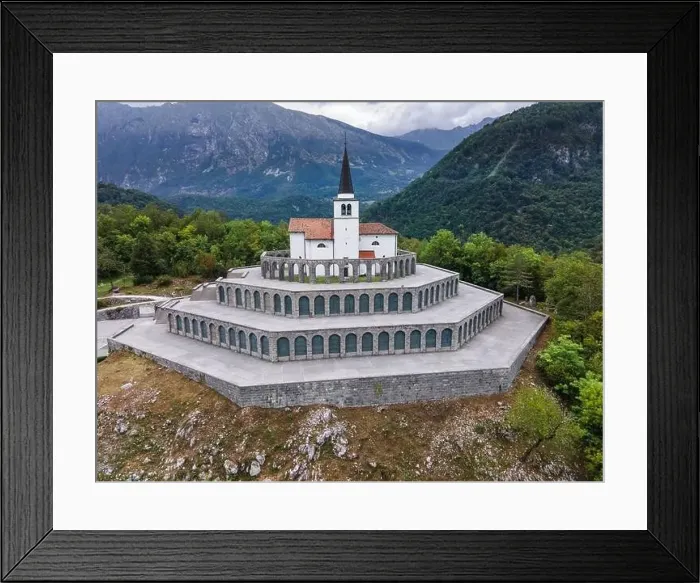 Framed Print : St Anton Church and Kobarid Ossuary, Caporetto Memorial from First World War. Aerial Drone View Framed Print : St Anton Church and Kobarid Ossuary, Caporetto Memorial from First World War. Aerial Drone View