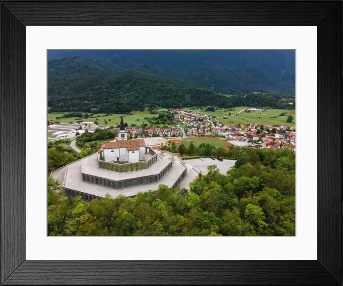Framed Print : St Anton Church and Kobarid Ossuary, Caporetto Memorial from First World War. Aerial Drone View Framed Print : St Anton Church and Kobarid Ossuary, Caporetto Memorial from First World War. Aerial Drone View