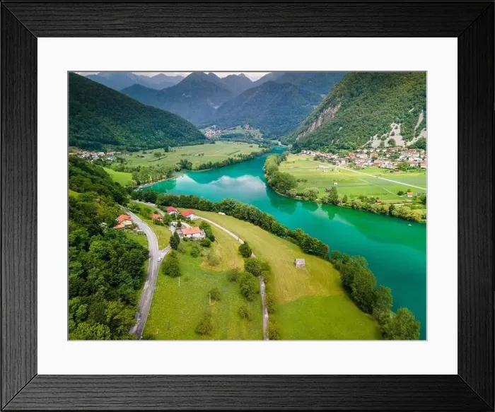 Framed Print : Emerald Green Watersin Soca River and Mountains in Tolmin Slovenia