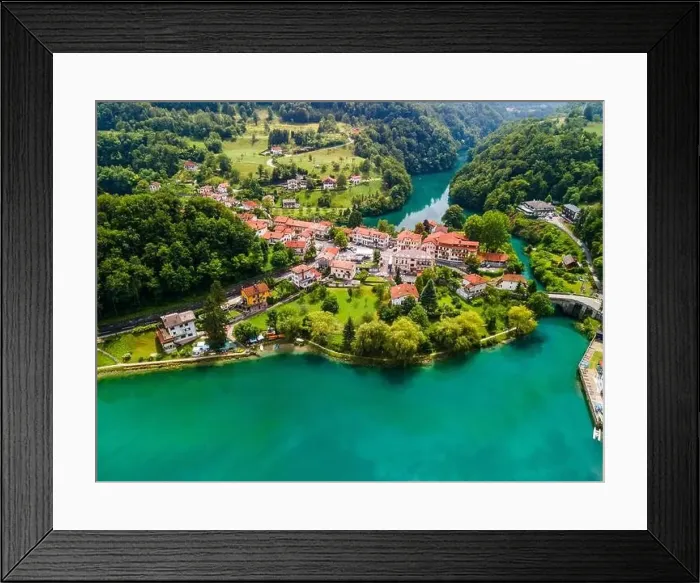 Framed Print : Riverside Most na Soci Picturesque Town in Slovenia Framed Print : Riverside Most na Soci Picturesque Town in Slovenia