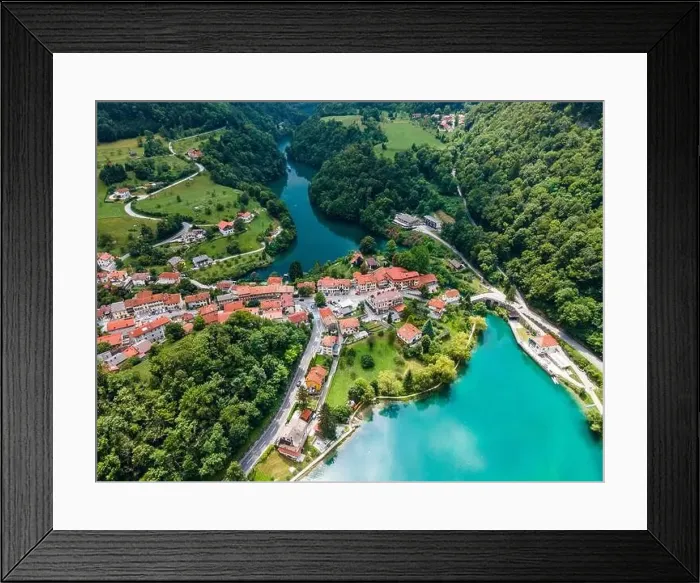 Framed Print : Most na Soci in Slovenia Drone View over Town Framed Print : Most na Soci in Slovenia Drone View over Town
