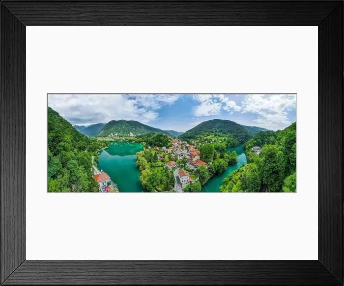 Framed Print : Aerial Drone Panoramic View Over Most na Soci in Slovenia Framed Print : Aerial Drone Panoramic View Over Most na Soci in Slovenia