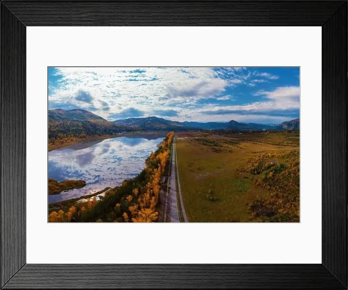 Framed Print : Aerial view of road and lake in beautiful autumn Altai forest Framed Print : Aerial view of road and lake in beautiful autumn Altai forest