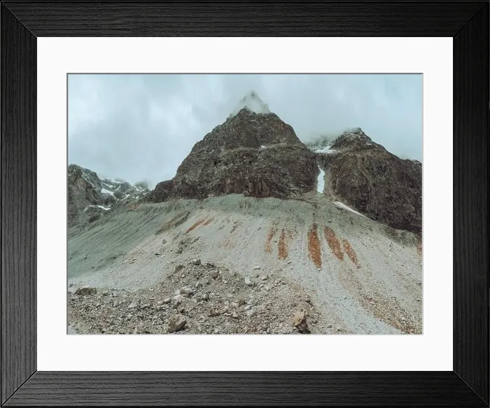 Framed Print : drone view over a desolate receding alpine glacier surrounded by mountains and snow covered rocks and peaks Framed Print : drone view over a desolate receding alpine glacier surrounded by mountains and snow covered rocks and peaks