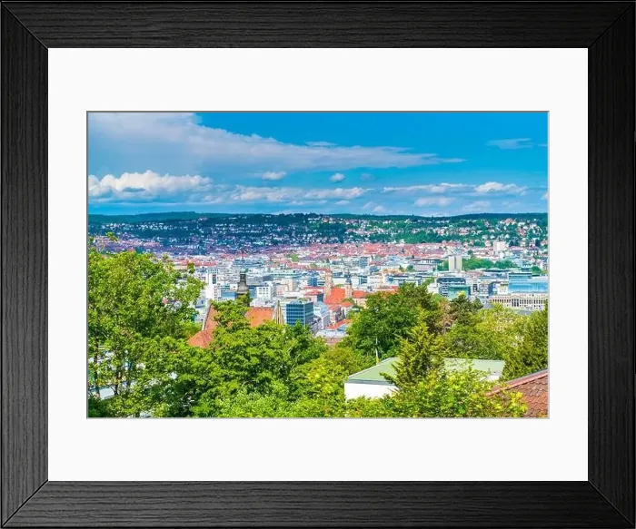 Framed Print : Germany, Aerial panorama view above downtown stuttgart city houses and churches making up the skyline of the metropolis Framed Print : Germany, Aerial panorama view above downtown stuttgart city houses and churches making up the skyline of the metropolis