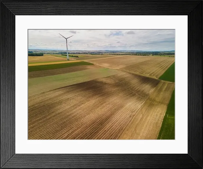 Framed Print : Renewable Energy Wind Farm in Agriculture Fields in Countryside Drone Aerial View Framed Print : Renewable Energy Wind Farm in Agriculture Fields in Countryside Drone Aerial View
