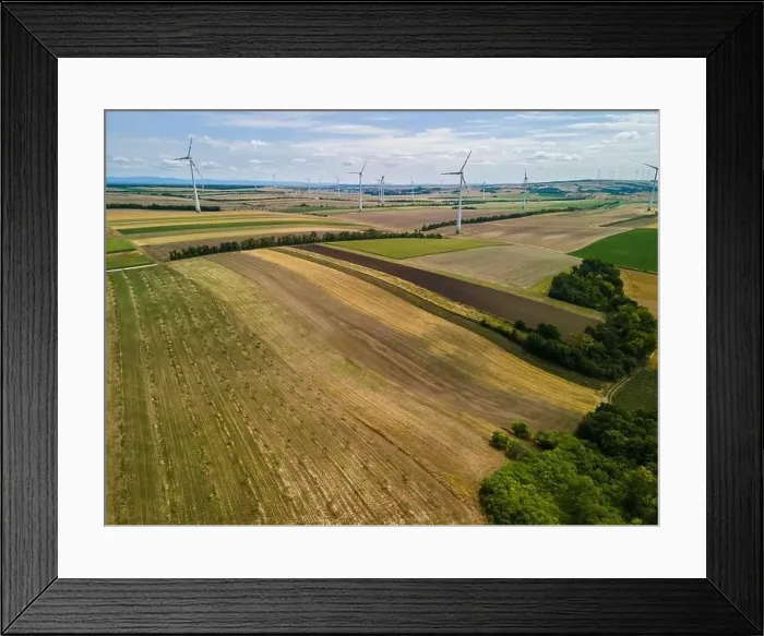 Framed Print : Renewable Energy Wind Farm in Agriculture Fields in Countryside Drone Aerial View Framed Print : Renewable Energy Wind Farm in Agriculture Fields in Countryside Drone Aerial View